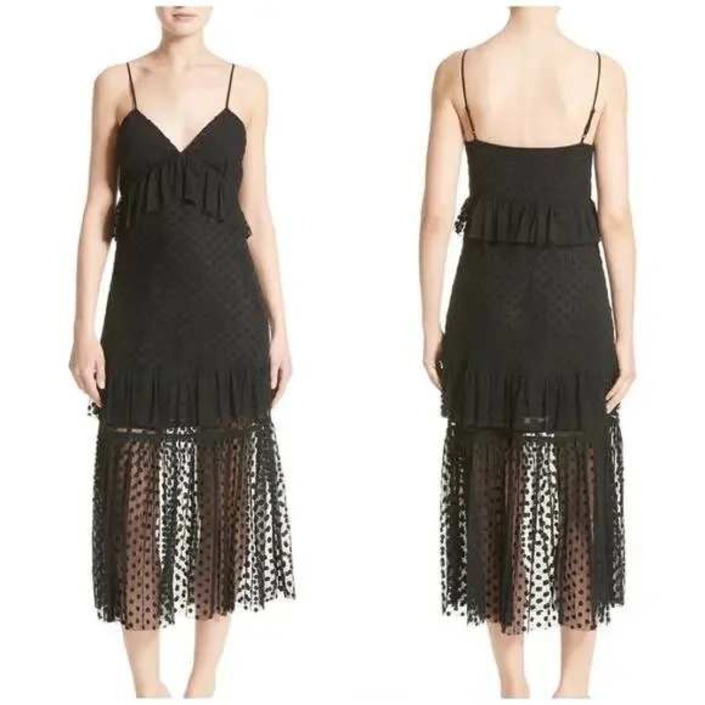 Robert Rodriguez Polka‎ Dot Ruffle Sheer Mesh Tiered Slip Midi Dress Black 6
